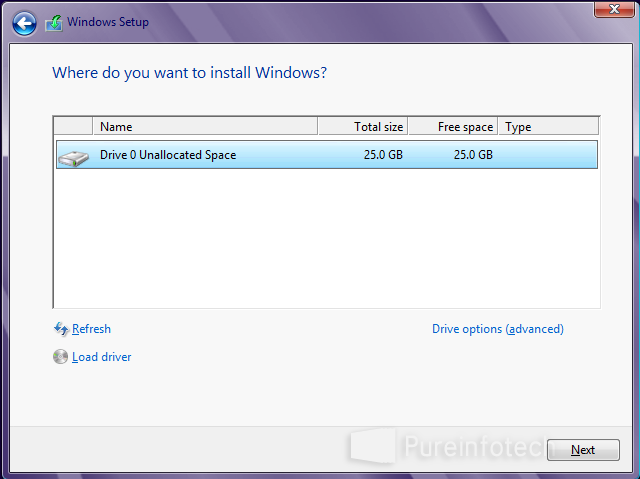 Choose drive to install Win 8