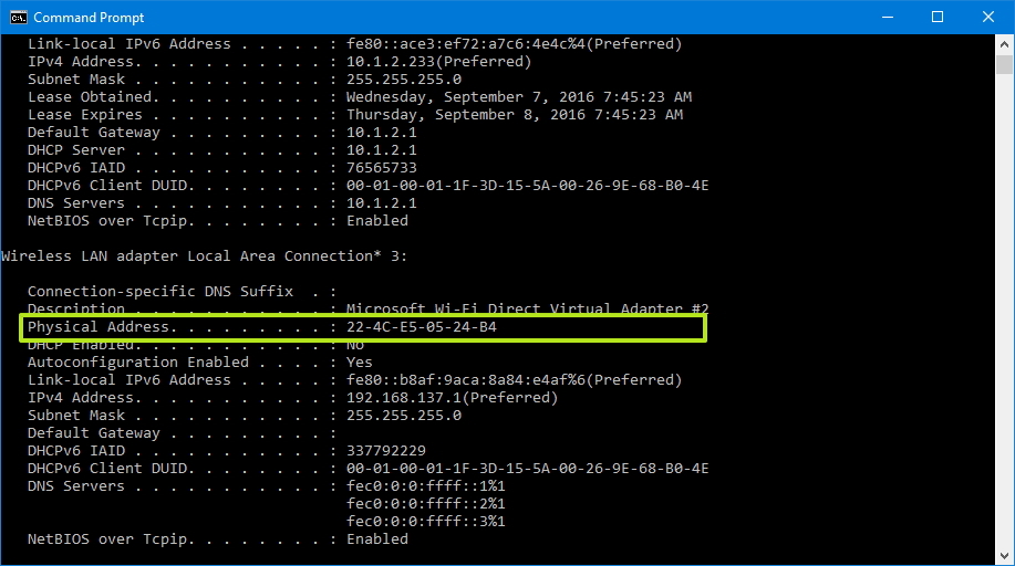 wifi mac address windows 10 cmd