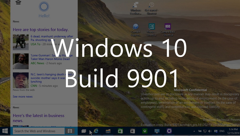 Cortana running on the Windows 10 build 9901 desktop