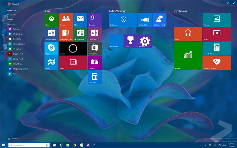 Windows 10, expanded Start menu with transparency