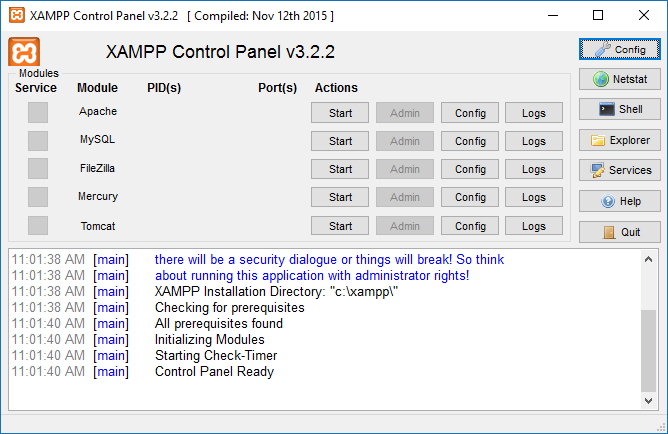 XAMPP Control Panel on Windows 10