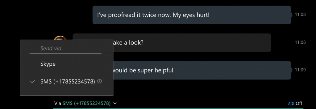 Switch between Skype and SMS messages in windows 10