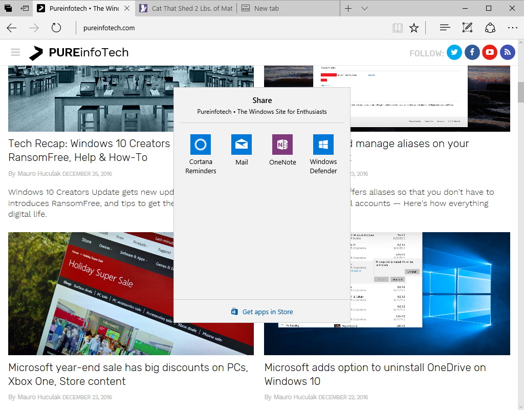 Microsoft Edge share UI on Windows 10 Creators Update