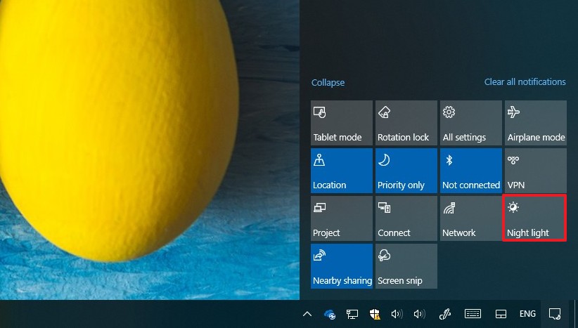 Night Light button on Action Center
