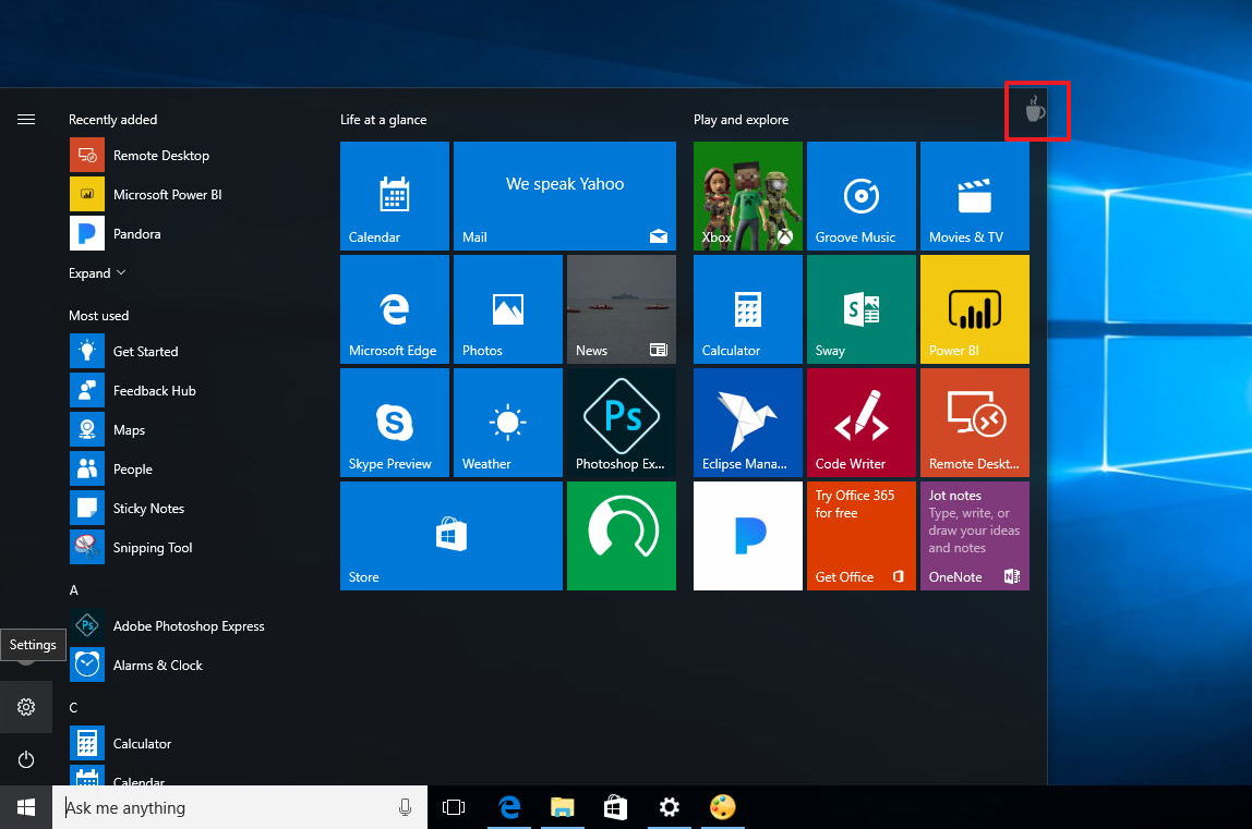 Coffee mug on Start menu