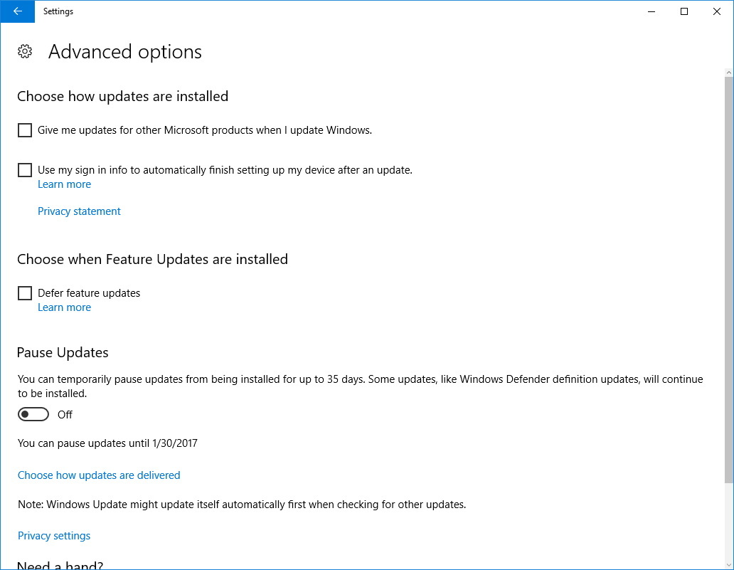 Pause updates on Windows 10 for up to 35 days