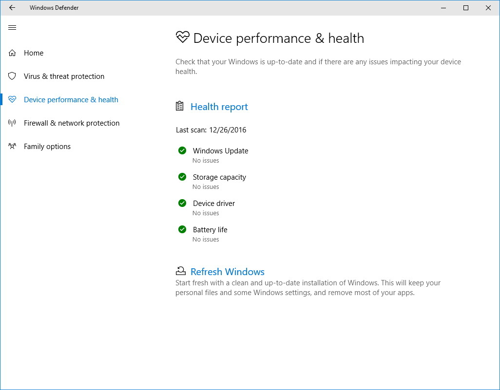 Windows Defender Device performance & health