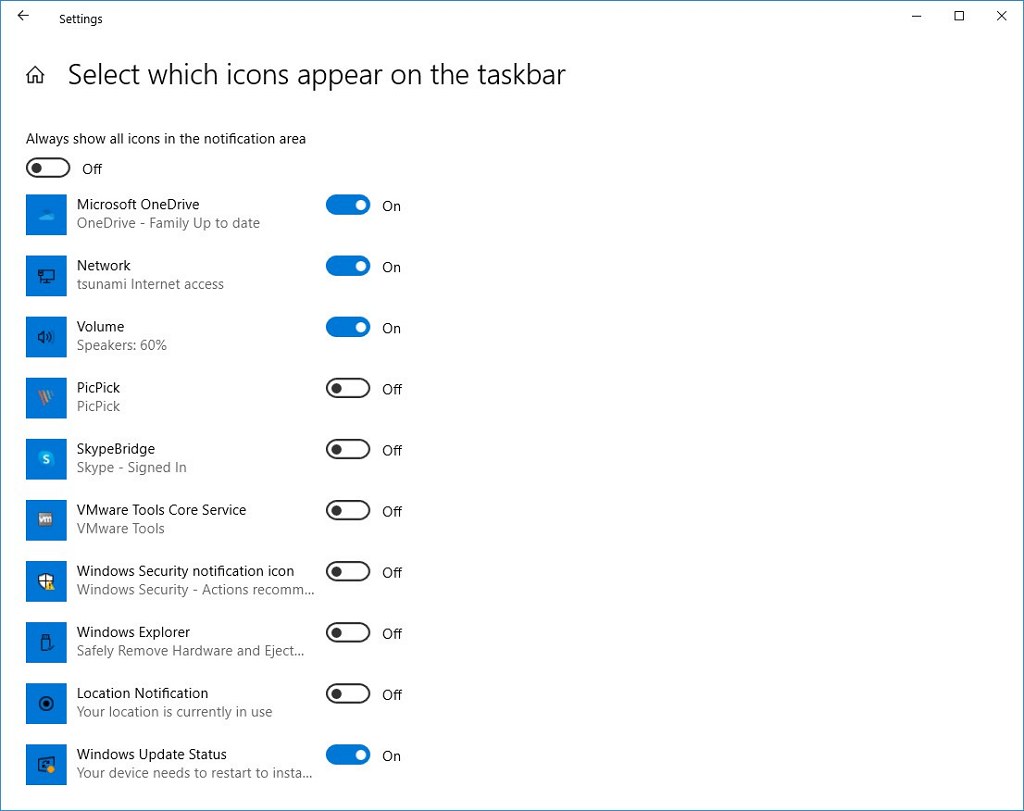 How to add or remove icons from taskbar notification area on Windows 10