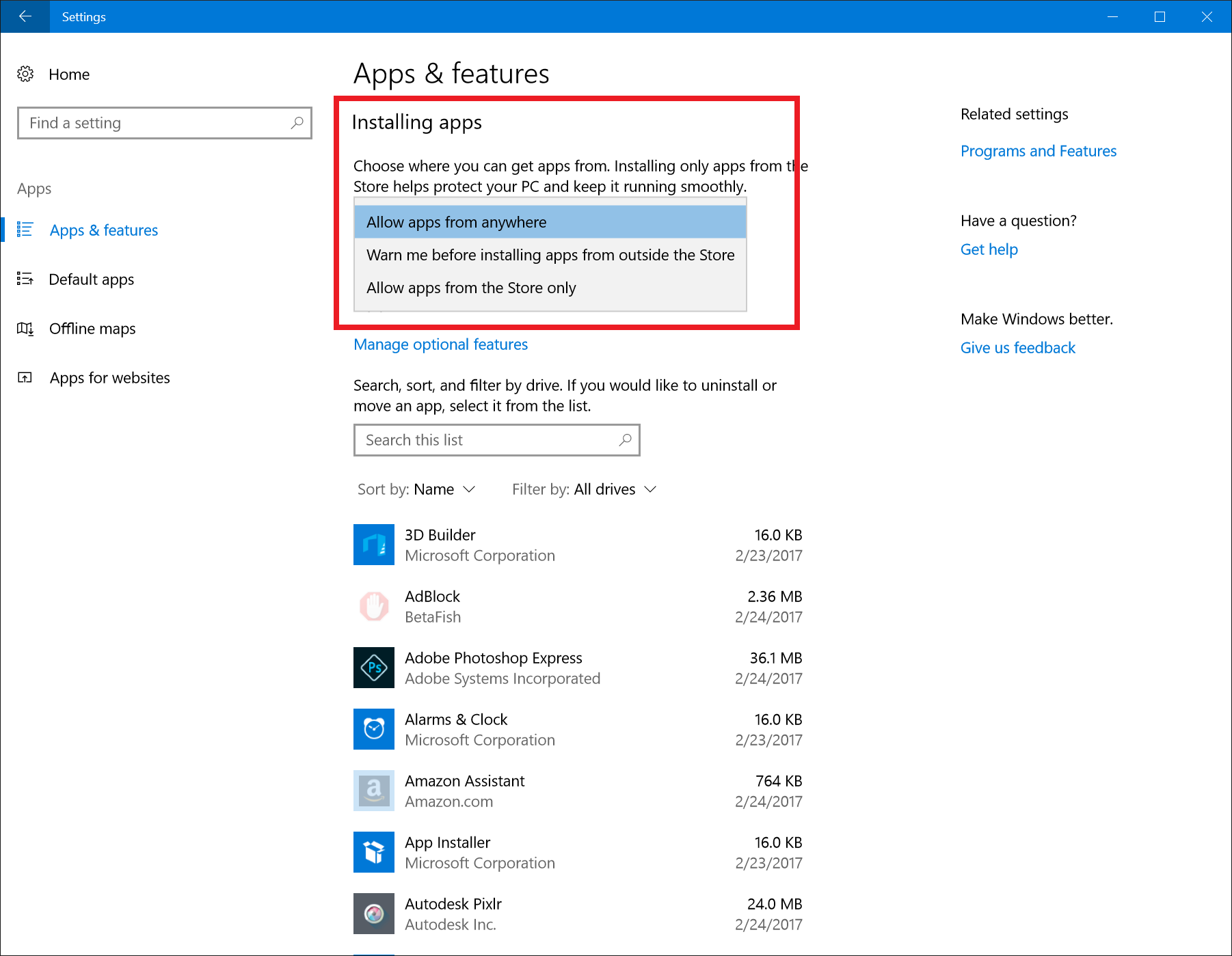 Choose what type of apps are allowed to be installed on your PC
