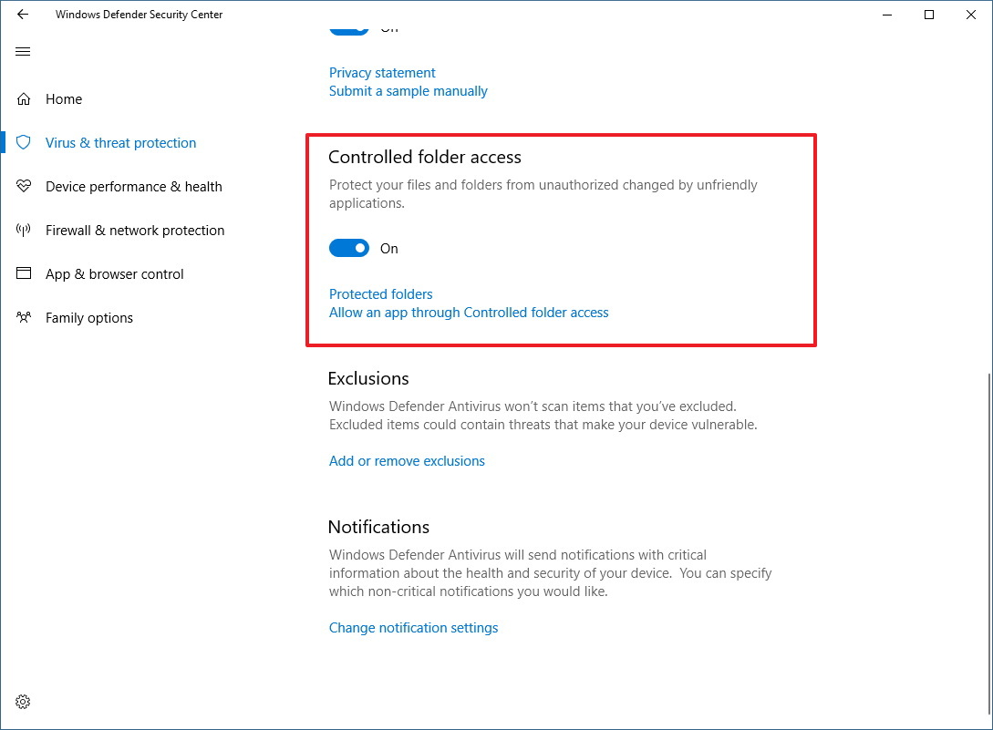 Controlled folder access settings