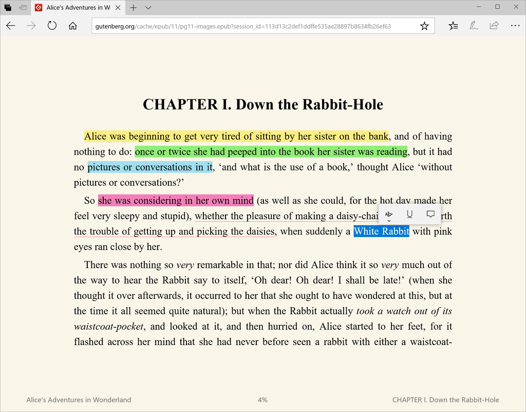 Microsoft Edge highlight ebooks
