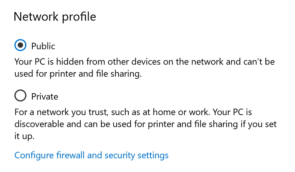 Network Public and Private settings