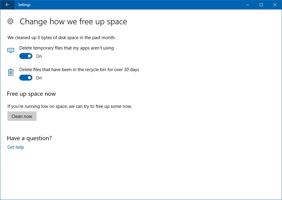Free up space on Windows 10 settings