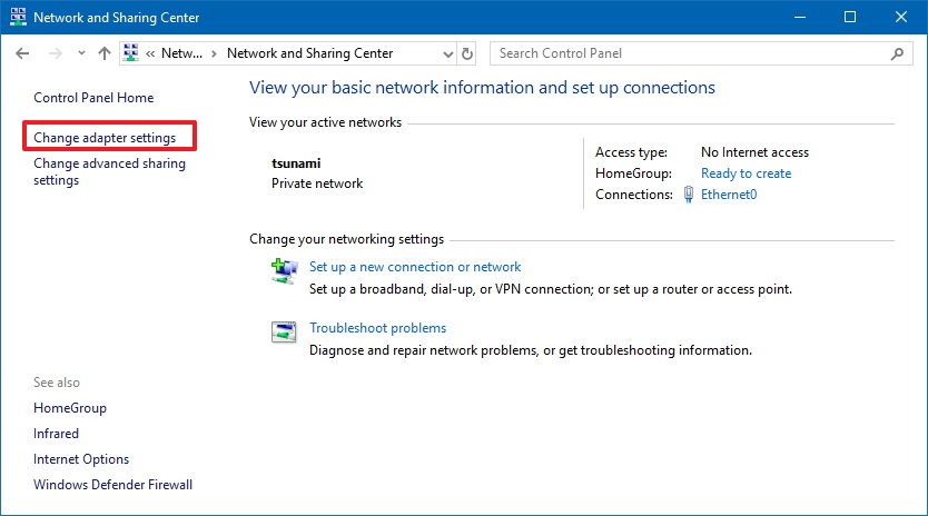 Control Panel's Network and Sharing Center
