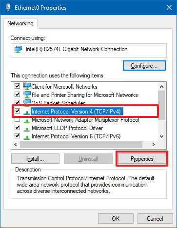 Control Panel's network adapter properties