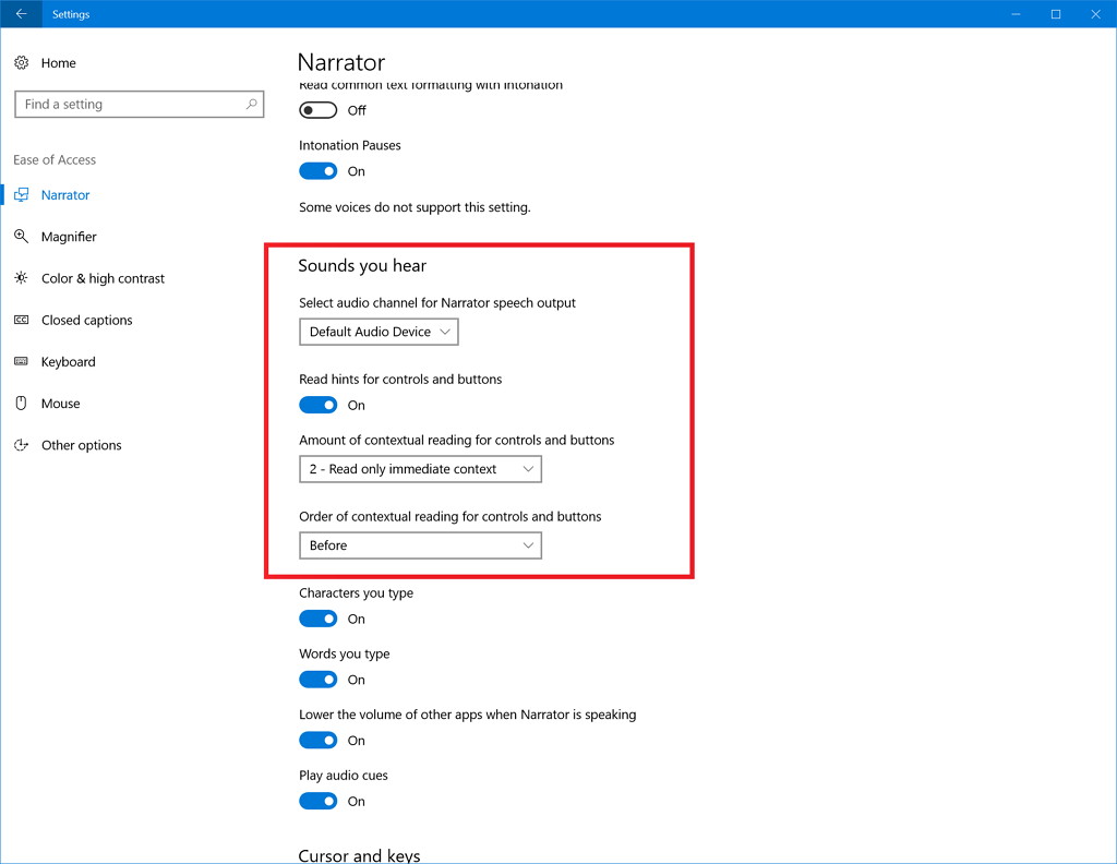Narrator settings Windows 10 build 16362