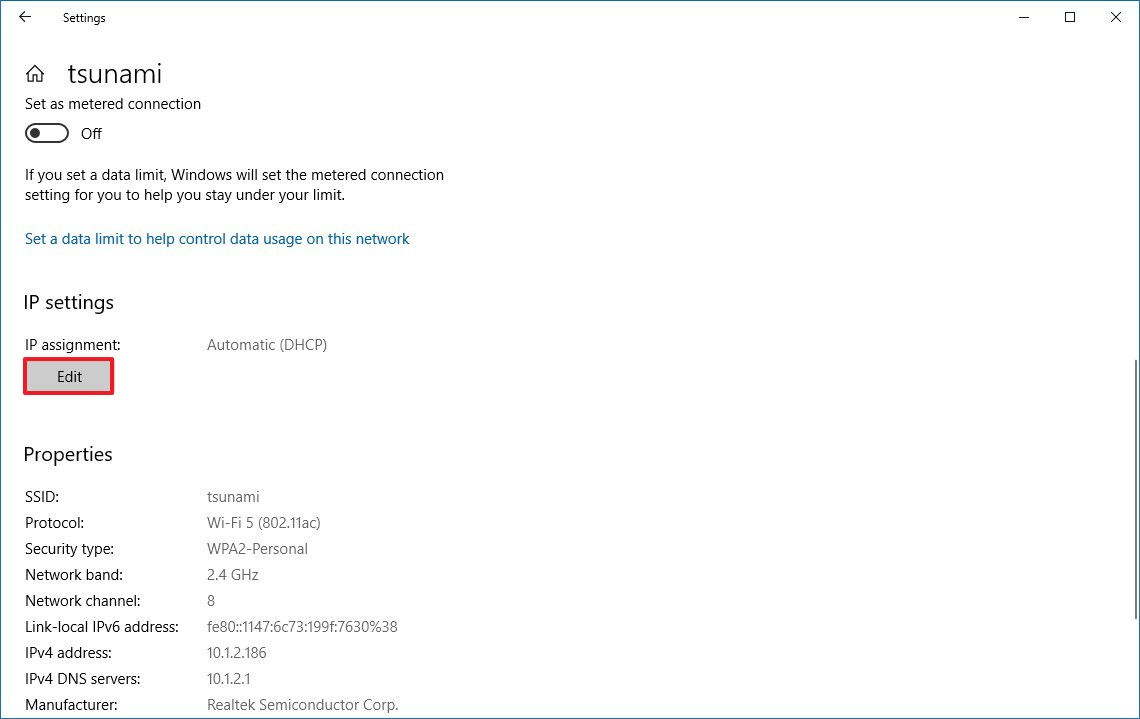 Wi-Fi IP settings on Windows 10