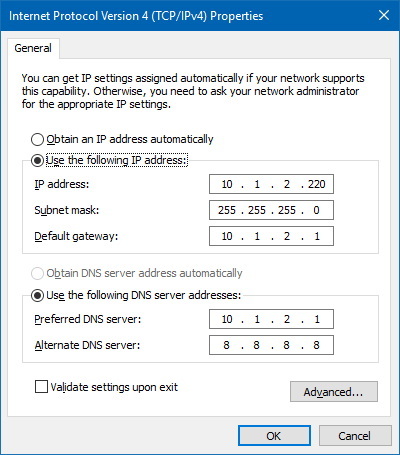 Windows 10 network adapter TCP/IPv4 properties