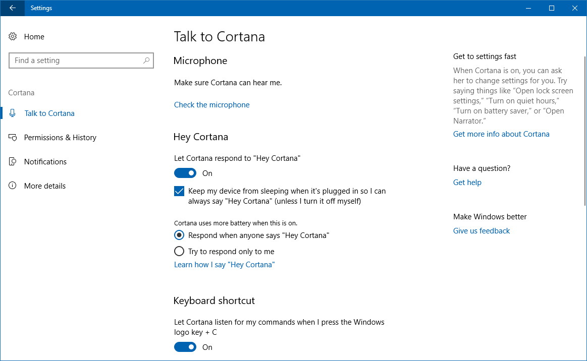 Cortana in the Settings app
