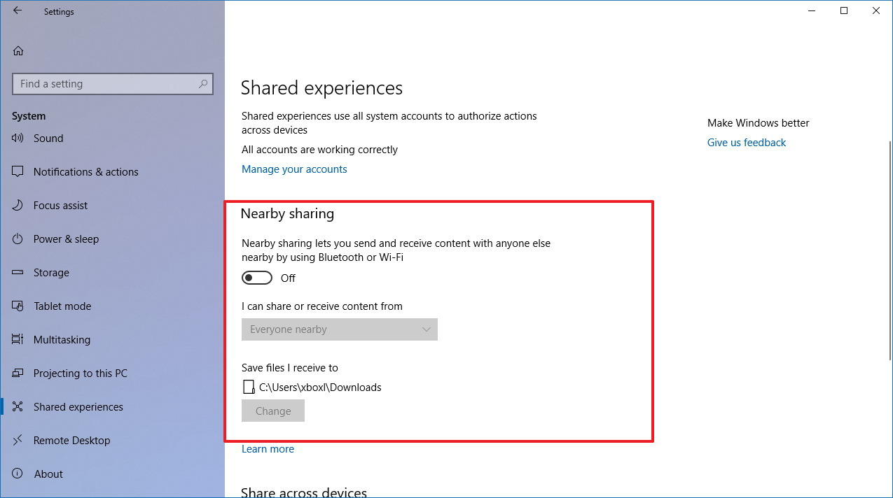 Nearby Sharing settings