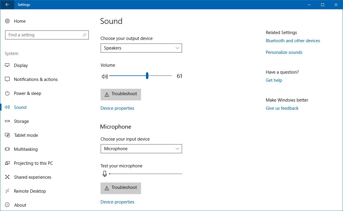 Sound settings Windows 10 version 1803