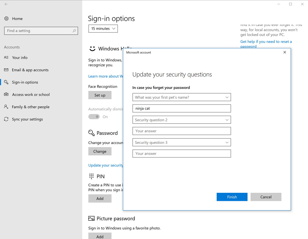 Local account security questions feature