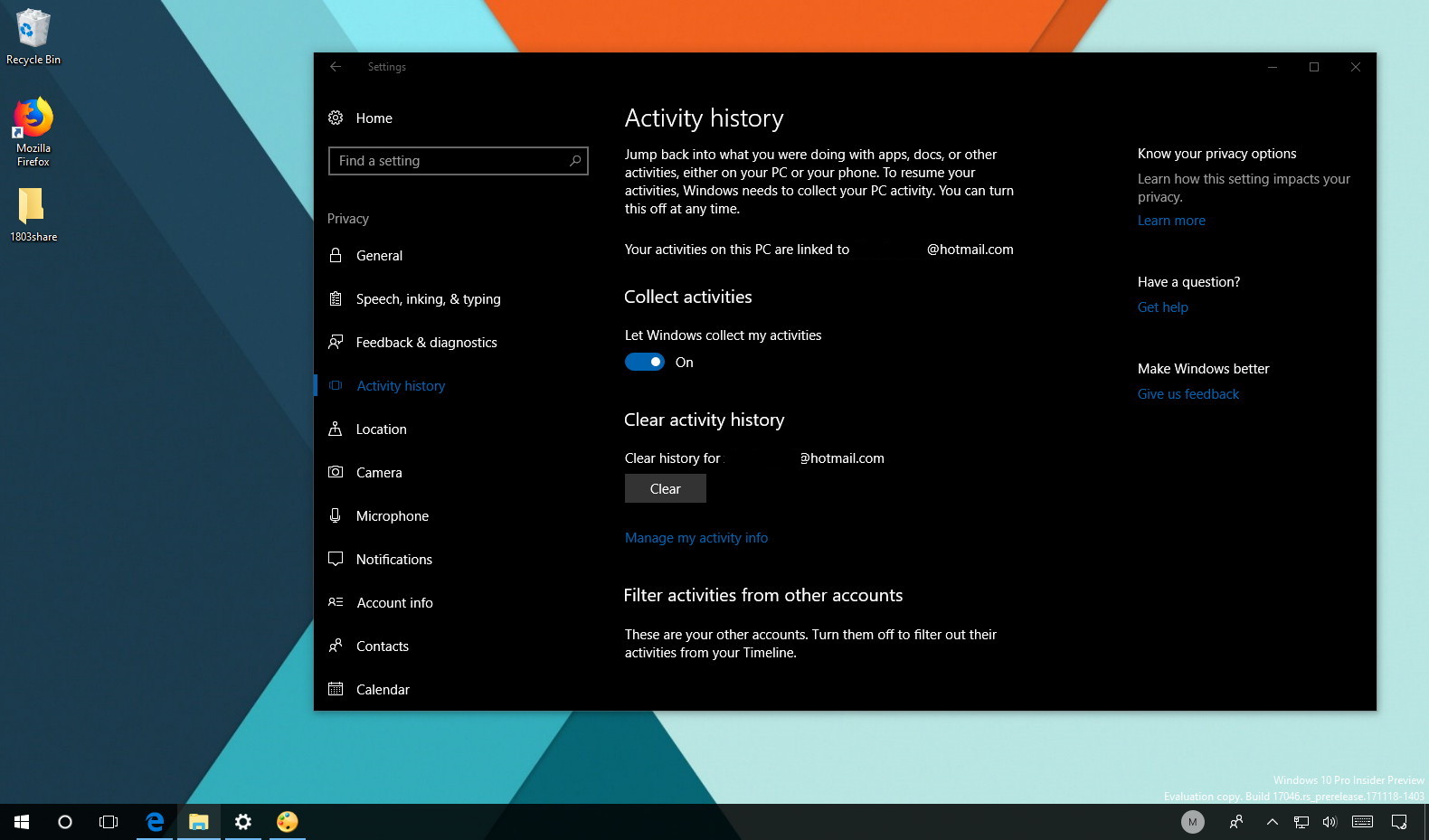 where is the activity history file in windows 10