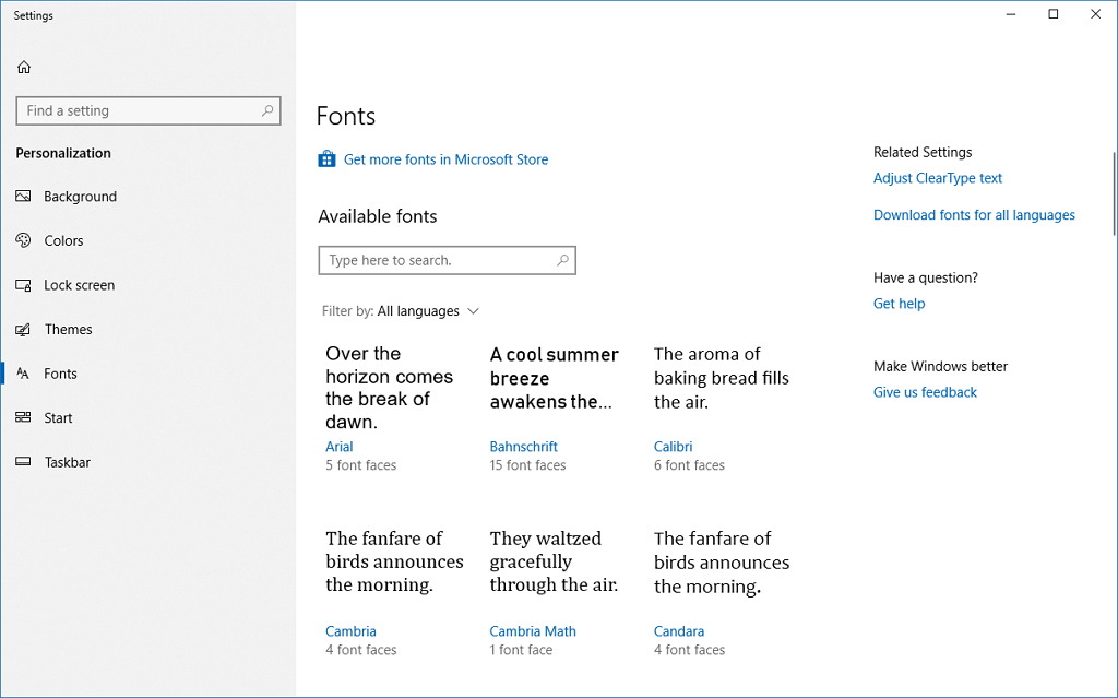 Fonts settings on Windows 10 build 17083