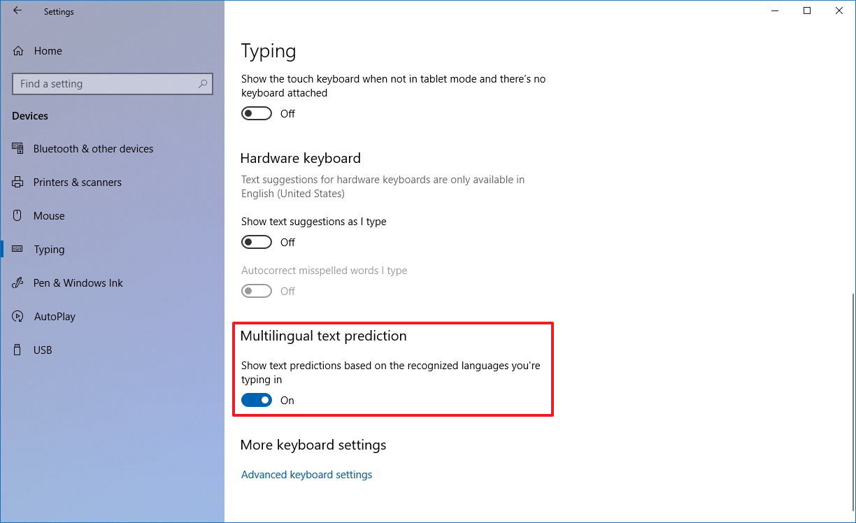 Multilingual text prediction settings