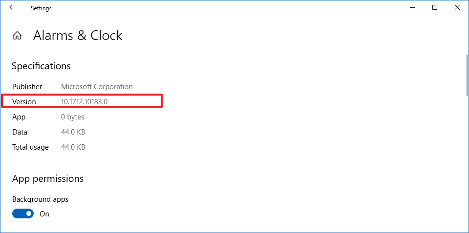App version number information on Windows 10