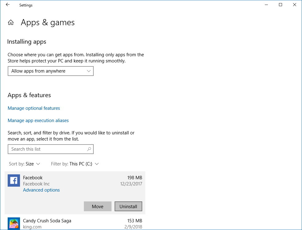 Apps & games settings on Windows 10