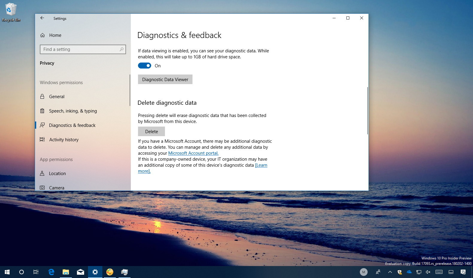 Deleting diagnostic data on Windows 10