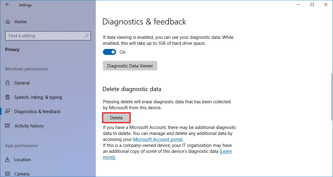 Diagnostic & feedback settings on Windows 10 version 1803
