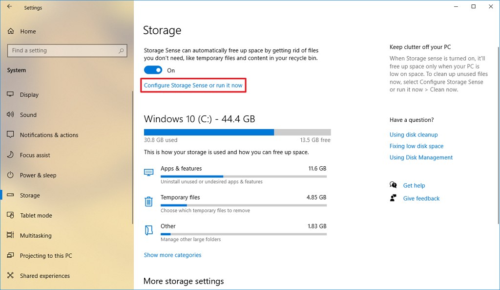 How To Quickly Free Up Space Using Storage Sense On Windows 10 ...