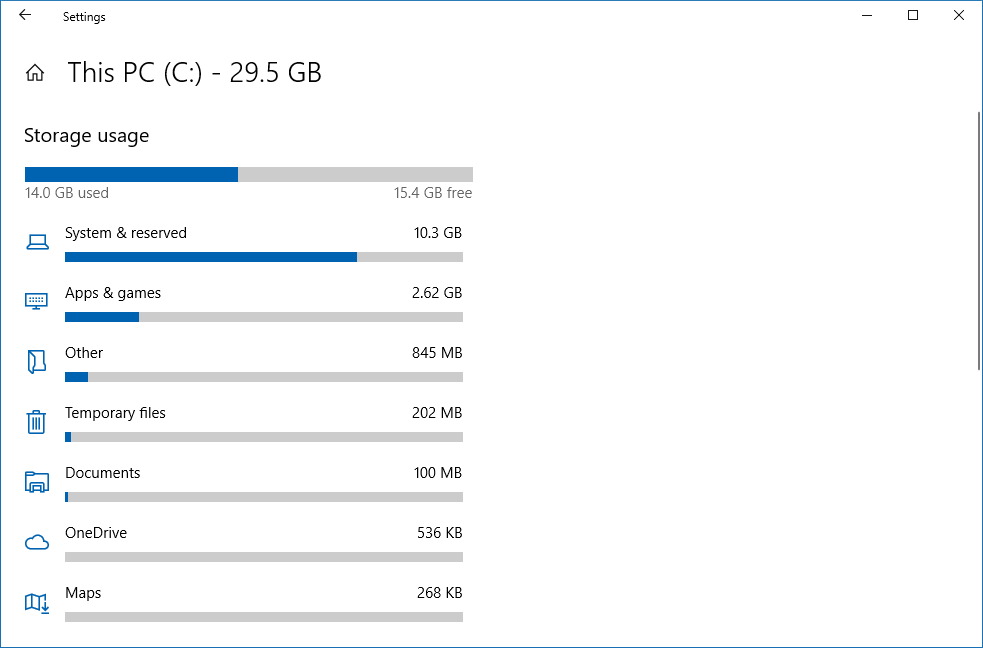 Storage usage settings on Windows 10