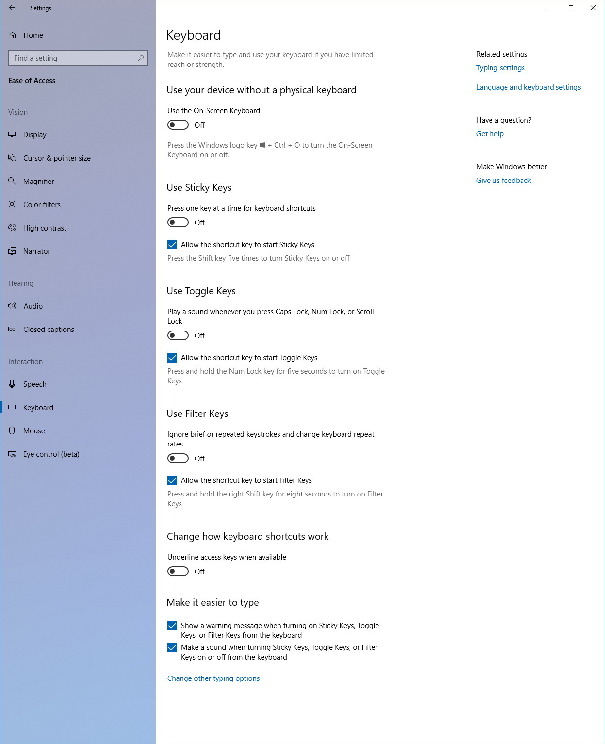 Ease of Access Keyboard settings on Windows 10 version 1803