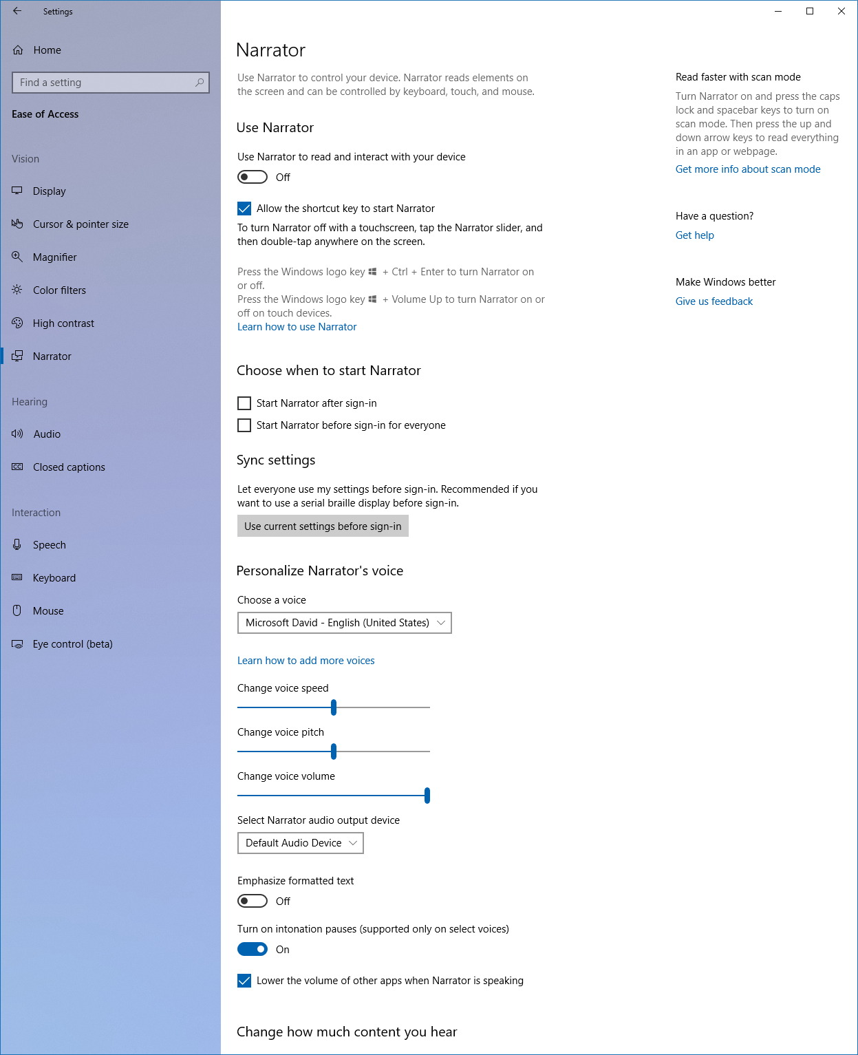 Narrator settings on Windows 10 version 1803 (part 1)