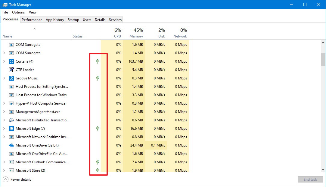 Task Manager suspended process icon