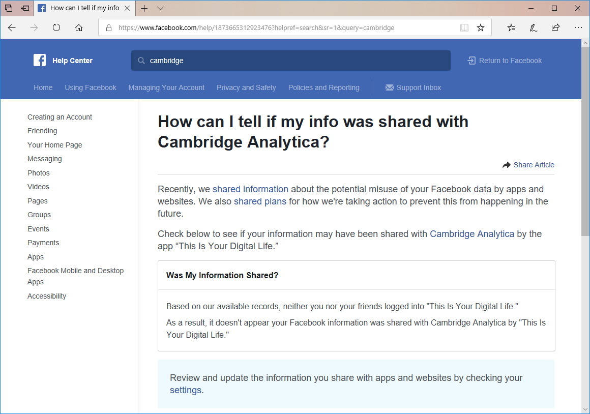 Facebook help center to check Cambridge Analytica