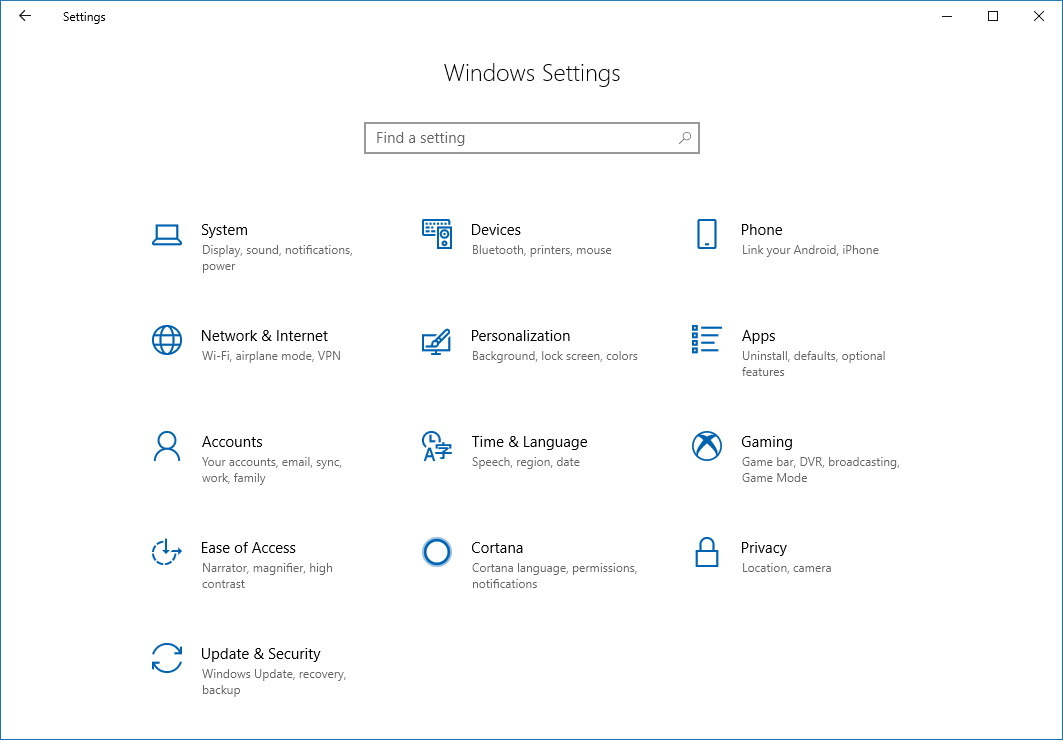 Settings app homepage