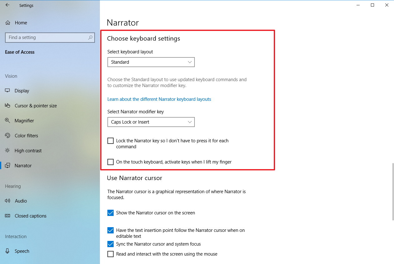 Narrator keyboard settings on Windows 10 Redstone 5