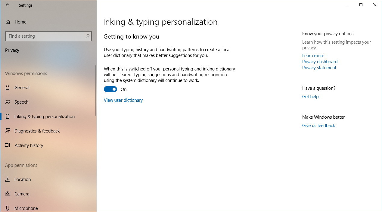 Inking & typing personalization privacy settings on WIndows 10