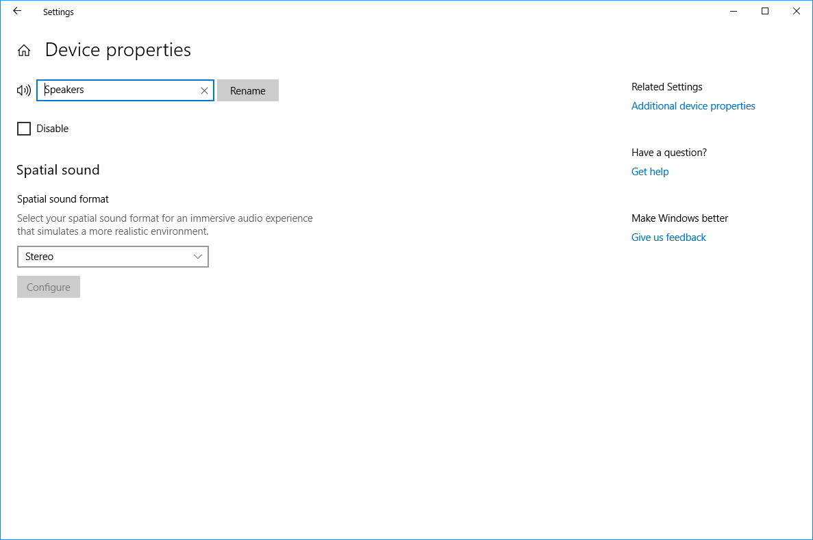 Speakers settings on Windows 10 Redstone 5