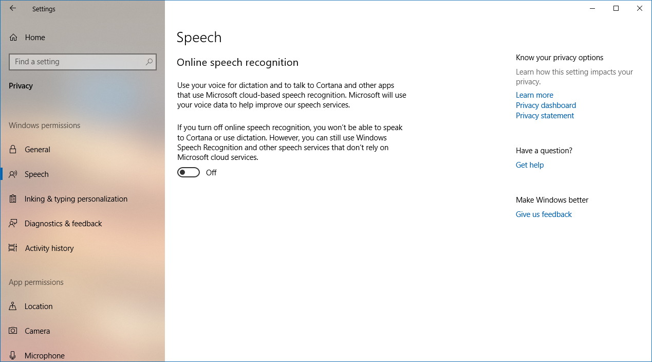 Speech privacy settings on WIndows 10