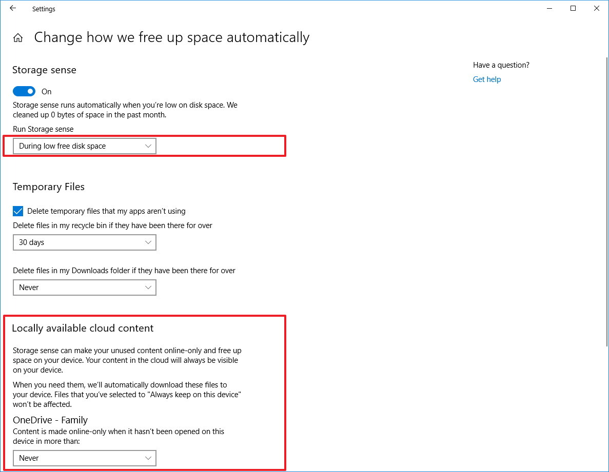 Storage sense with OneDrive option