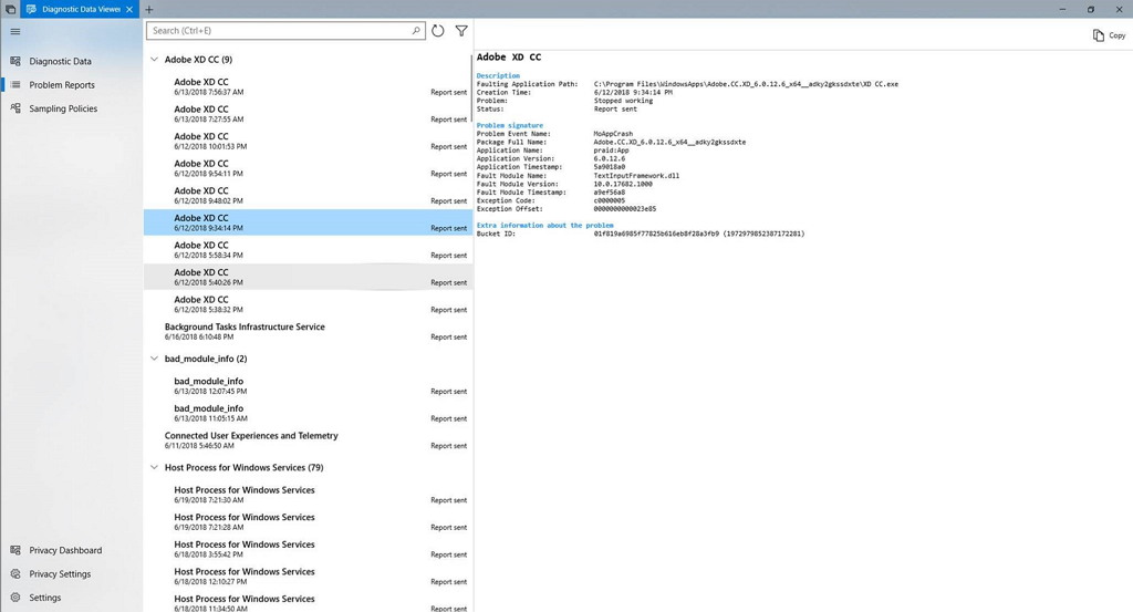 Diagnostic Data Viewer with problem reports