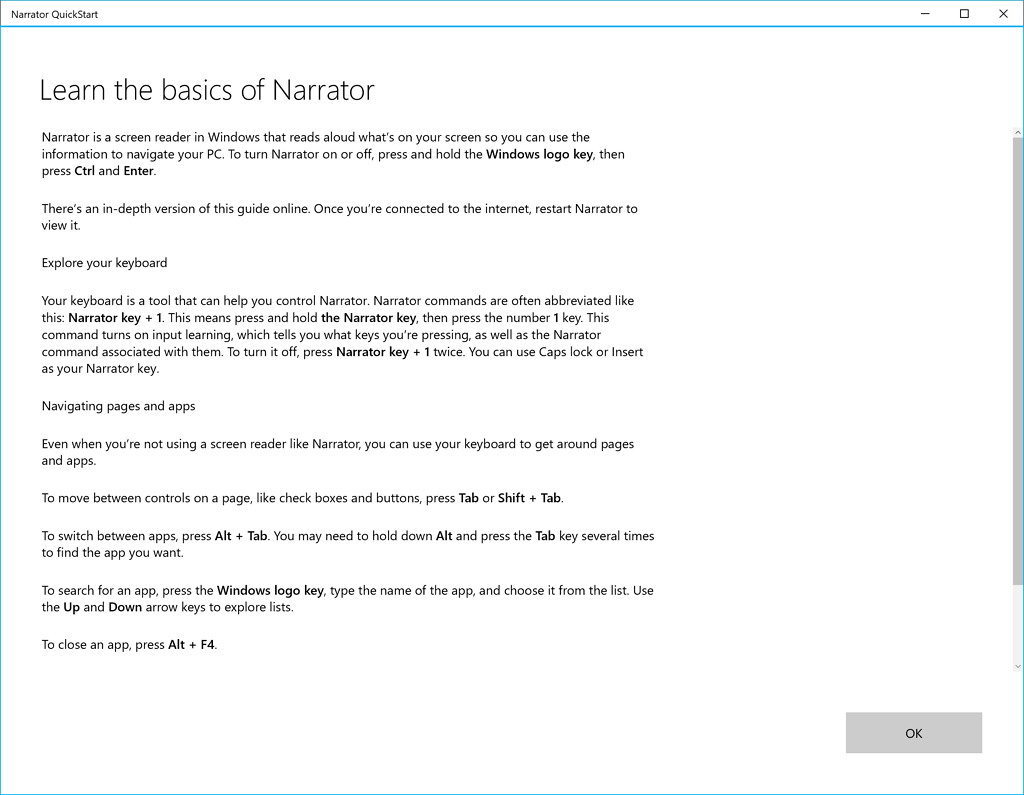 Windows 10's Narrator quick start experience