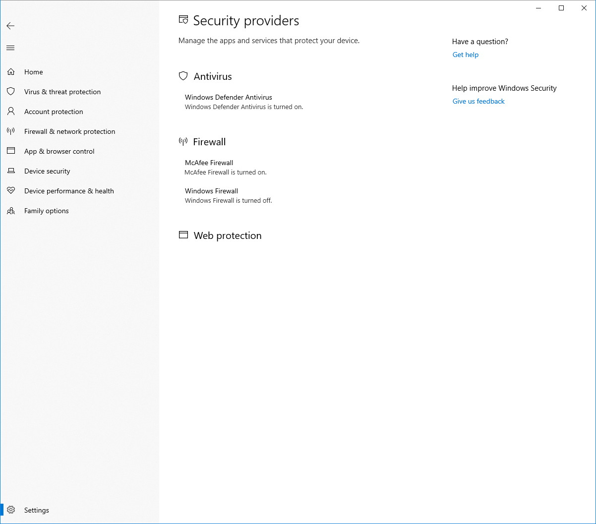 Security Providers settings on Windows Security