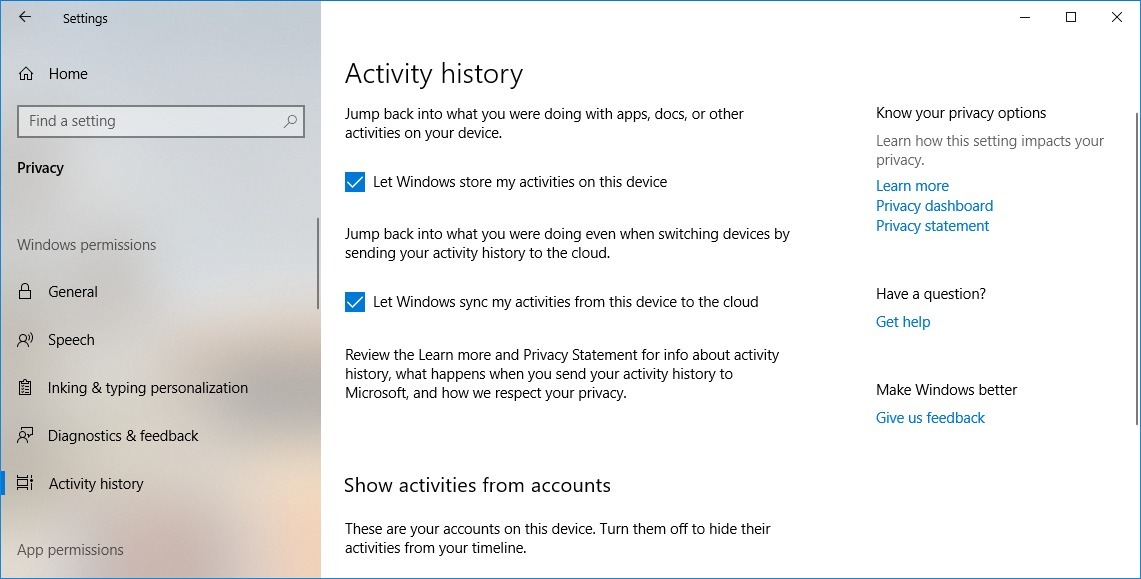 Activity history settings in the October 2018 Update