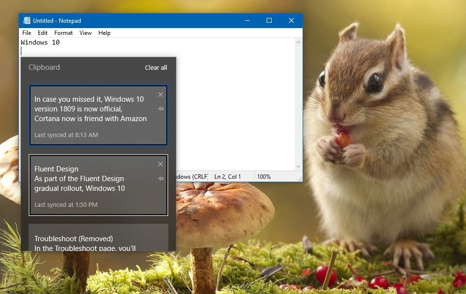 Clipboard experience on Windows 10 version 1809